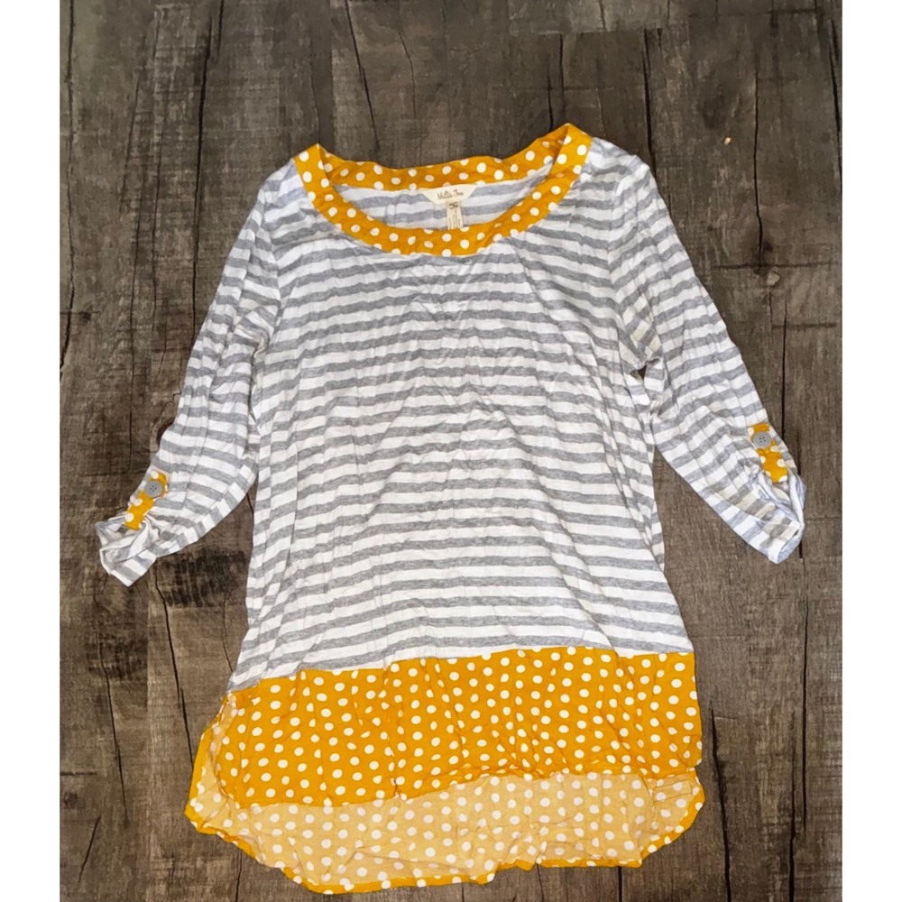 Matilda Jane Tunic Top Womens XS Grey White Stripe Mustard Polka Dot 3/4 Sleeve